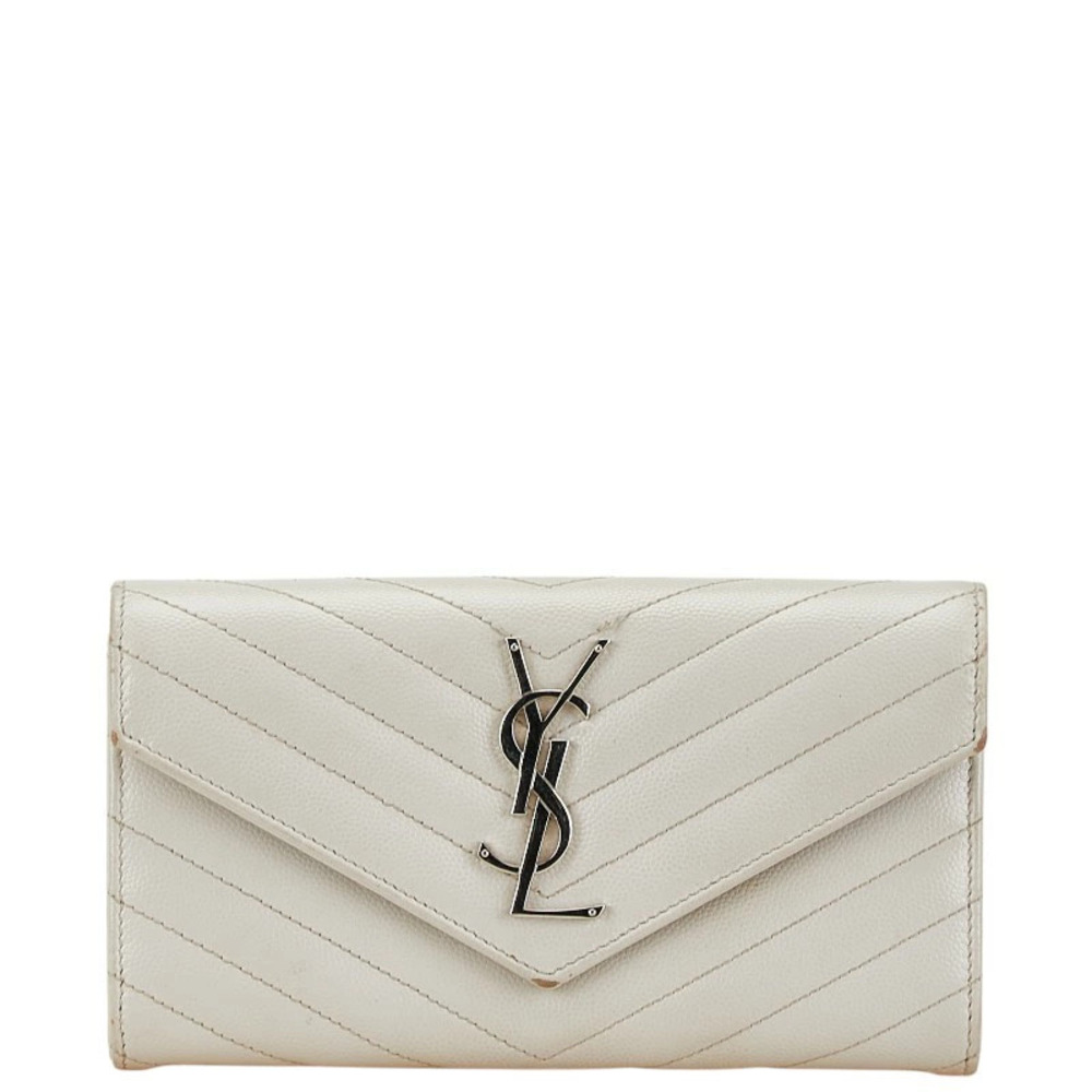 Saint Laurent Cassandra V stitch Long Wallet White Leather